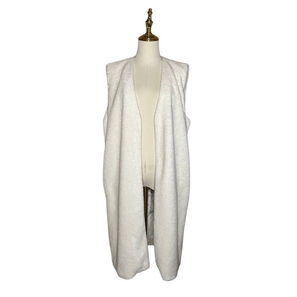 Pure Jill Elements White Sleeveless Shearling Cardigan Sweater Size M Open Front